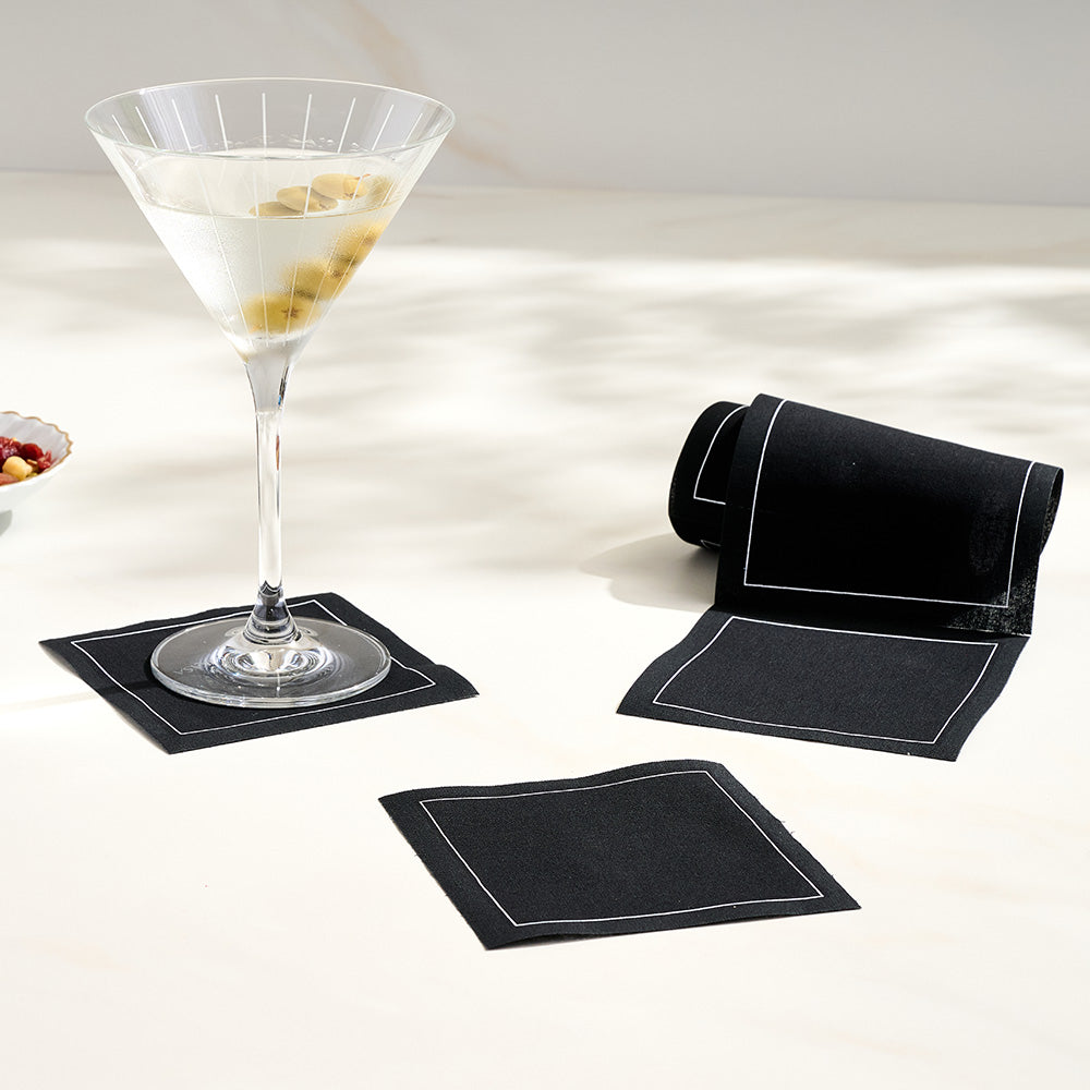 Midnight Toast (Black) Cocktail Napkins Silver Border